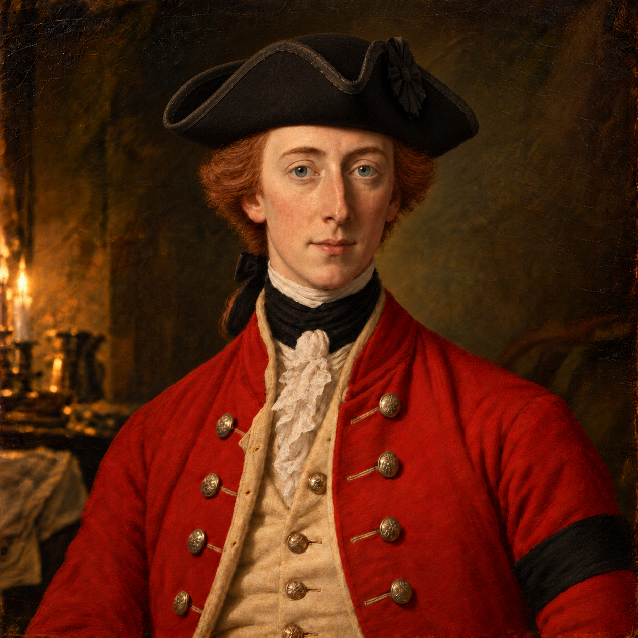 Historically informed portrait of General James Wolfe looking ahead, wearing a black cocked hat and plain scarlet coat