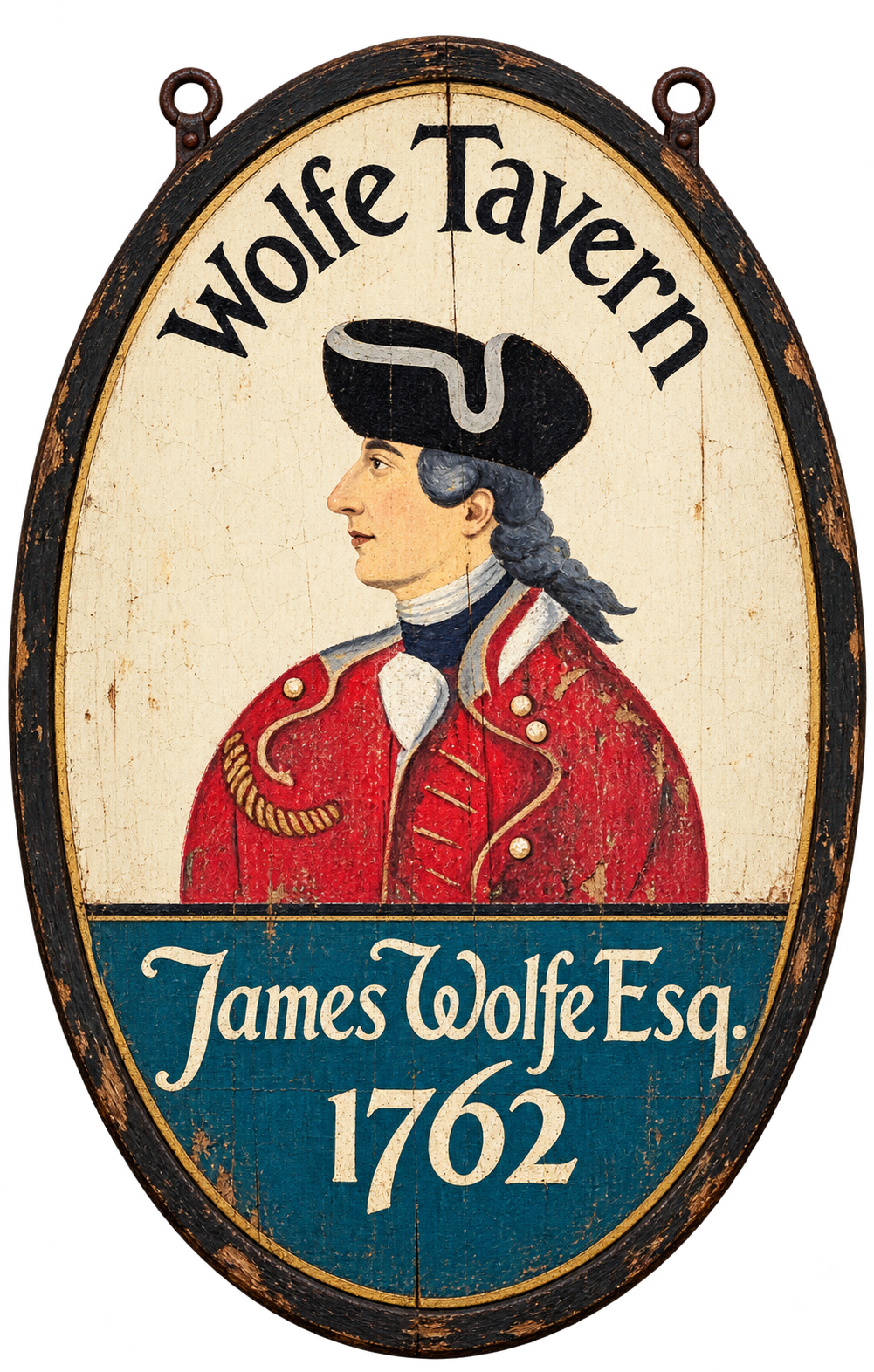 Wolfe Tavern sign depicting James Wolfe in a red coat, with the inscription James Wolfe Esq. 1762
